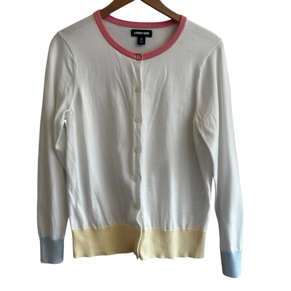 Lands End super cute cardigan.  White with pastel color trim. Size M